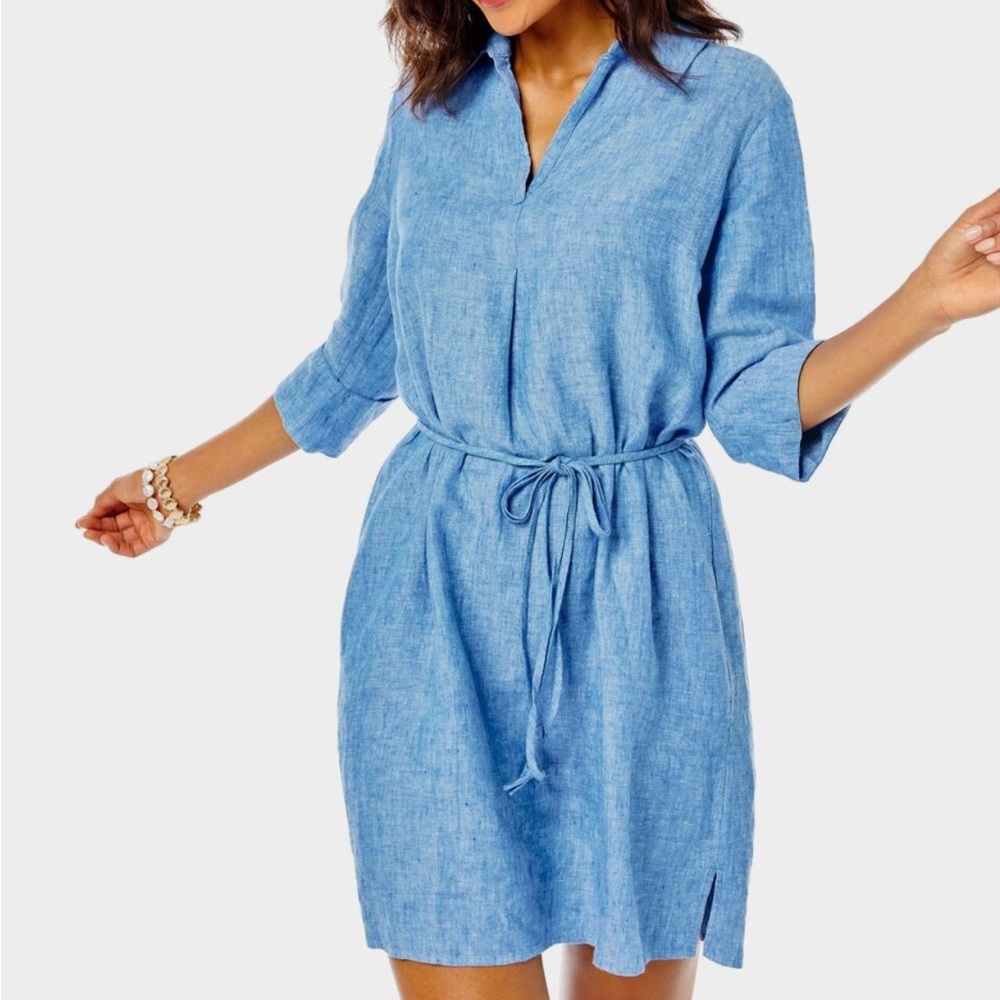 LILLY PULITZER PILAR LINEN TUNIC DRESS BECKON BLUE X SEA SALT BLUE
